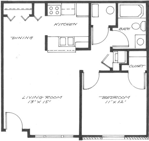 Floor plan for 1 bed, 1 bath, 621 sqft